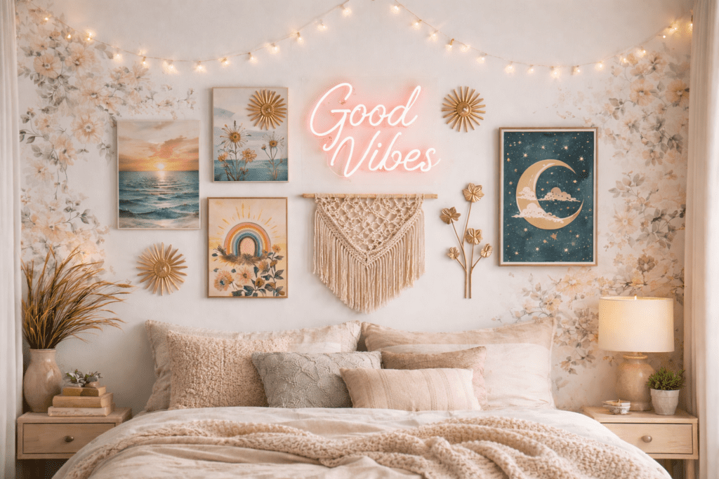 Cozy boho bedroom featuring bedroom wall decor art with macrame hanging, neon sign, framed prints, and floral wallpaper above a neutral bed