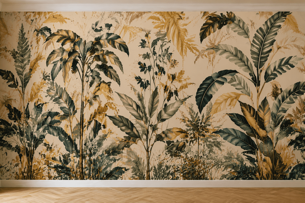 Elegant wallpaper decor for living room featuring botanical patterns in soft green and gold tones, creating a warm and modern interior atmosphere.
