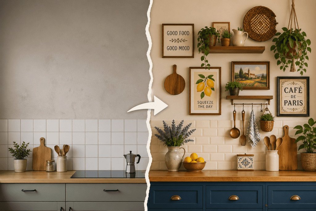 Modern kitchen wall decor transformation showing before and after with stylish shelves, plants, and framed artwork on a cozy kitchen wall