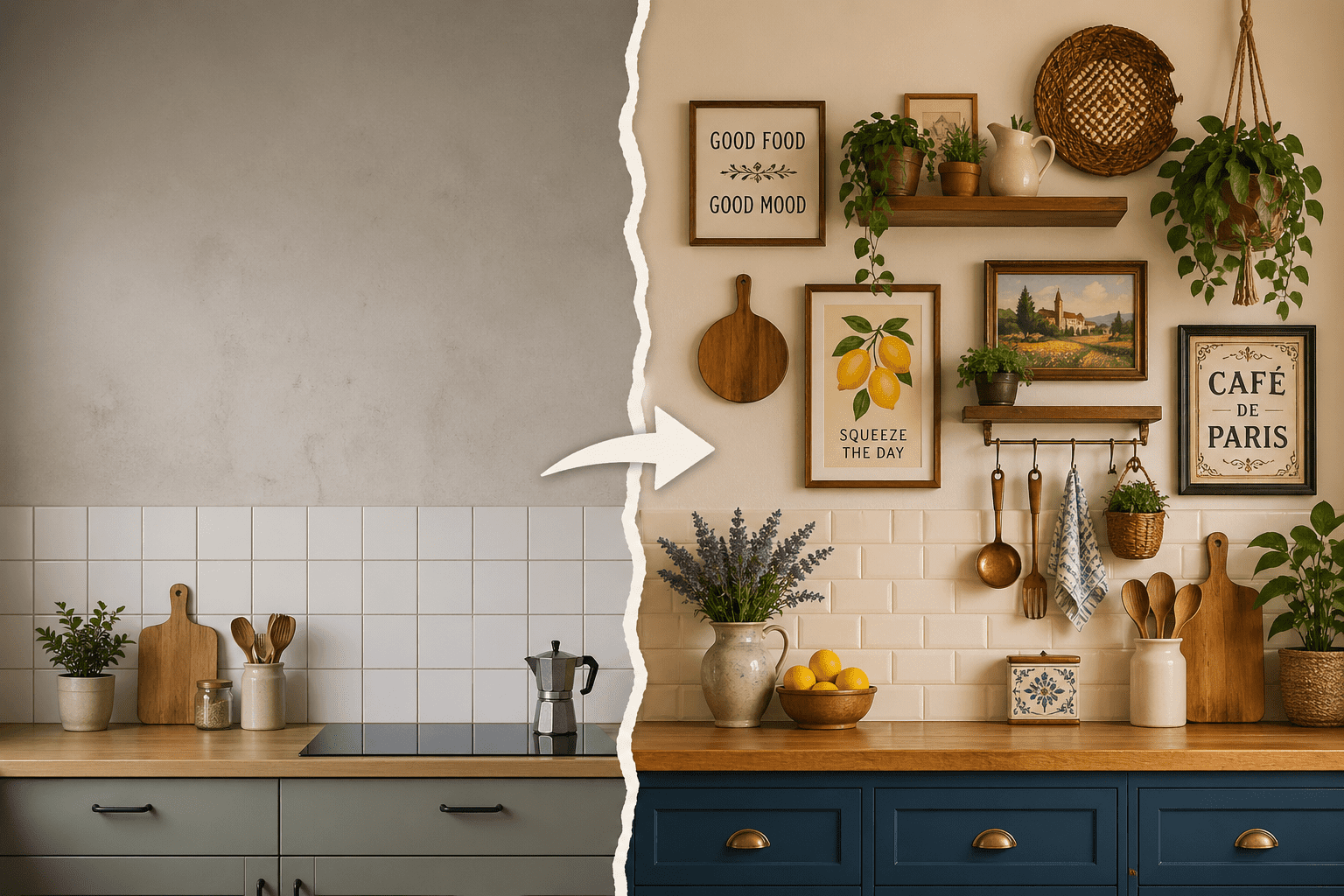 Modern kitchen wall decor transformation showing before and after with stylish shelves, plants, and framed artwork on a cozy kitchen wall