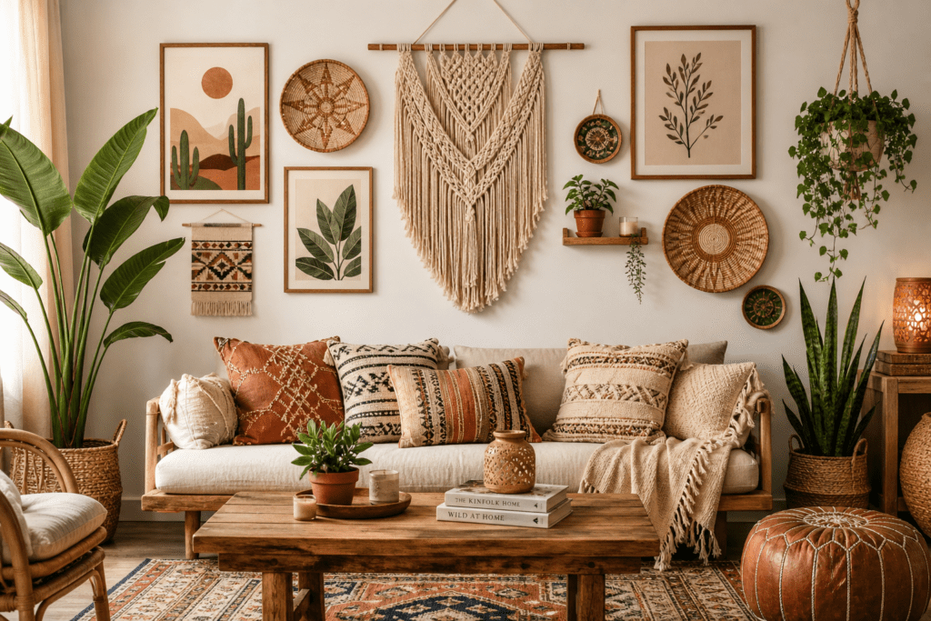 boho wall decor displayed in a cozy living room with macrame wall hanging, woven baskets, neutral tones, and plants creating a warm bohemian style
