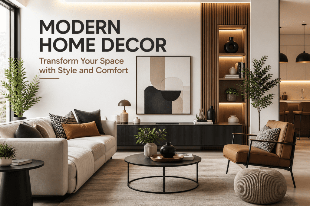 Modern living room showcasing modern home decor with stylish furniture, neutral colors, cozy textures, and elegant lighting design