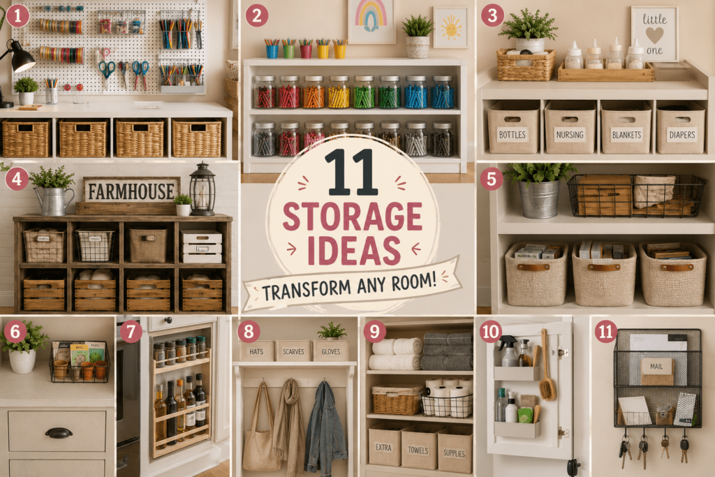 11 craft storage ideas displayed in a stylish home collage featuring organized shelves, baskets, jars, drawers, and decorative storage solutions that transform every room with practical and beautiful craft storage ideas