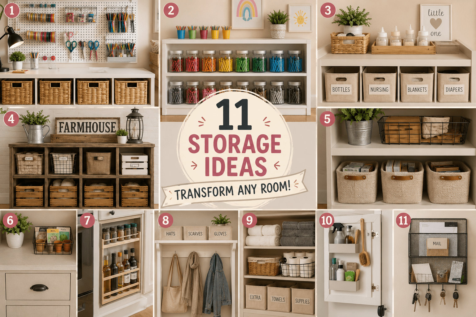 11 craft storage ideas displayed in a stylish home collage featuring organized shelves, baskets, jars, drawers, and decorative storage solutions that transform every room with practical and beautiful craft storage ideas