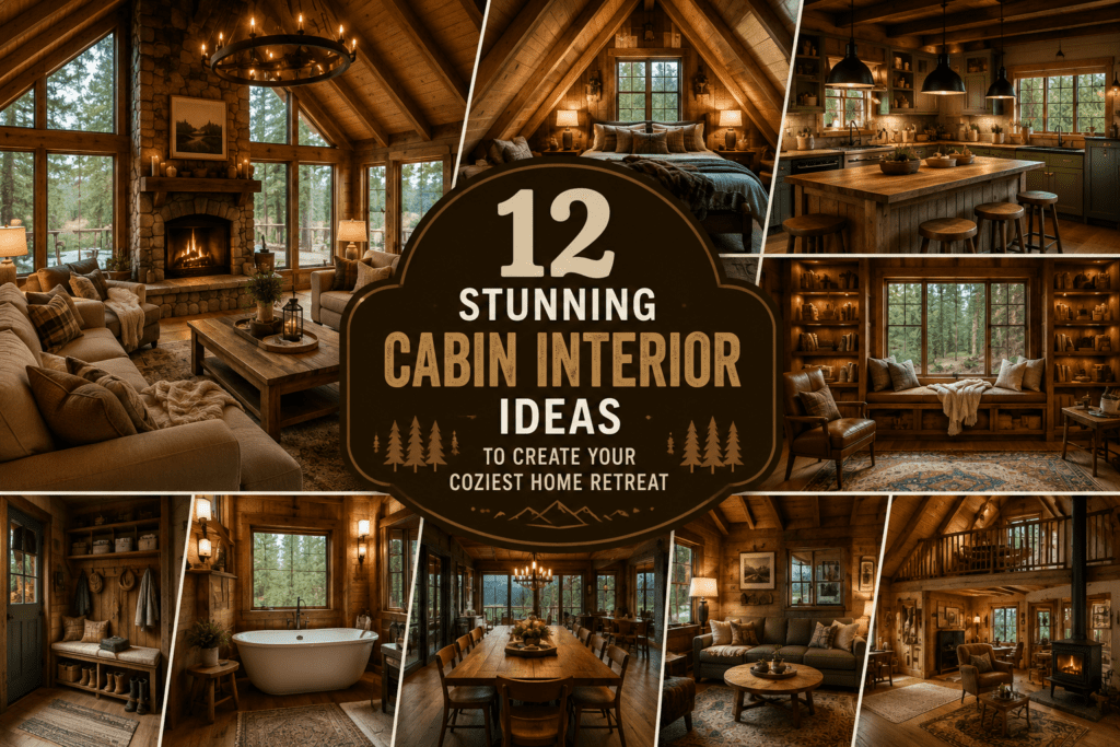 Warm and cozy collage showcasing multiple cabin interior ideas including rustic living rooms, wooden kitchens, loft bedrooms, and stone fireplaces inside a luxurious mountain cabin retreat.