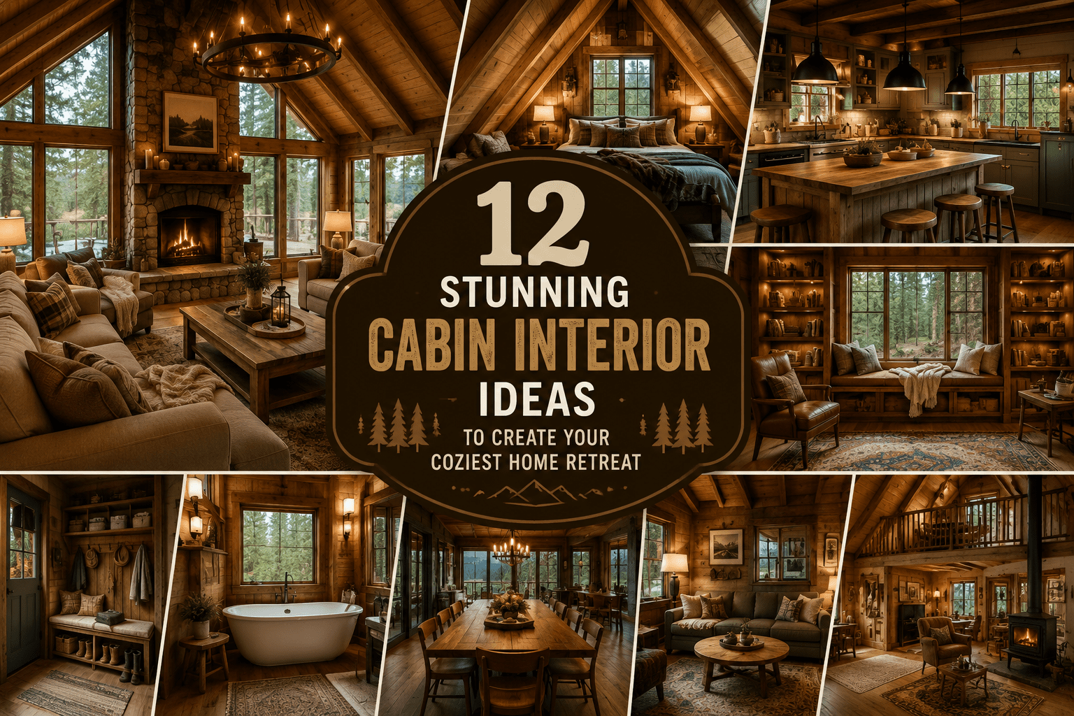 Warm and cozy collage showcasing multiple cabin interior ideas including rustic living rooms, wooden kitchens, loft bedrooms, and stone fireplaces inside a luxurious mountain cabin retreat.