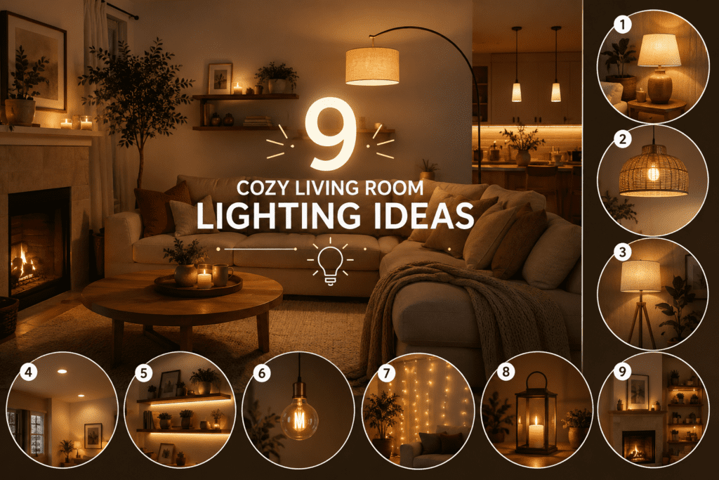 Cozy living room lighting ideas showcased in a warm modern interior with layered ambient lighting, pendant lamps, candles, wall sconces, and stylish decorative accents creating a relaxing and inviting atmosphere.