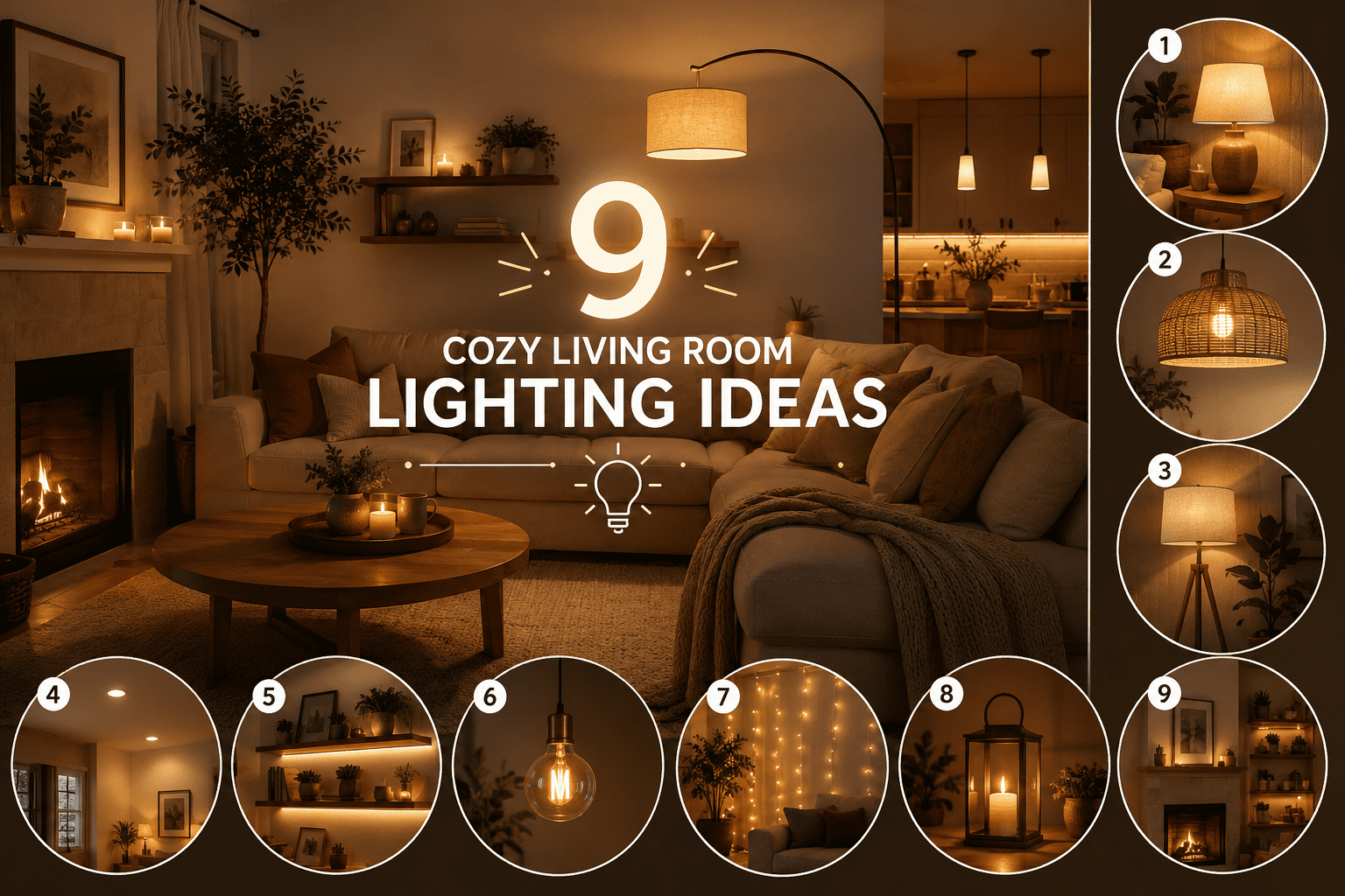 Cozy living room lighting ideas showcased in a warm modern interior with layered ambient lighting, pendant lamps, candles, wall sconces, and stylish decorative accents creating a relaxing and inviting atmosphere.