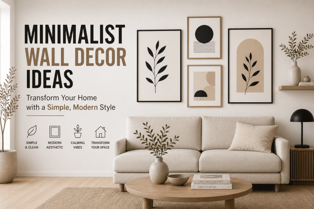 Minimalist wall decor in a modern living room featuring neutral tones, simple framed artwork, and clean Scandinavian-style furniture creating a calm and elegant atmosphere