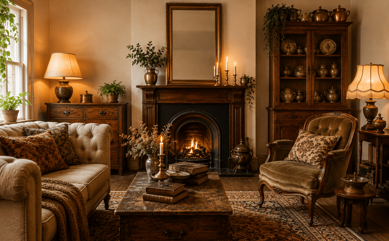 Elegant antique home decor displayed in a warm and cozy living room featuring vintage wooden furniture, a classic fireplace, ornate armchair, traditional rug, candle accents, and soft ambient lighting that creates a timeless atmosphere.