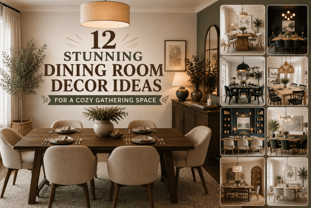 Elegant dining room decor featuring a warm wooden dining table, upholstered chairs, ambient lighting, decorative greenery, and a collage of inspiring dining room decor styles for a cozy gathering space.