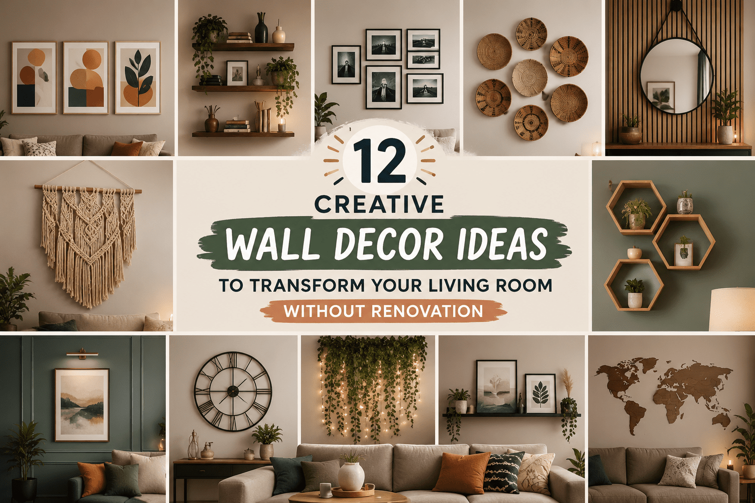 Collage showcasing 12 creative wall decor ideas for a modern living room, including framed artwork, floating shelves, woven wall baskets, decorative mirrors, macramé hangings, wall clocks, plant displays, and statement wall accents, demonstrating how wall decor can transform a living room without renovation.