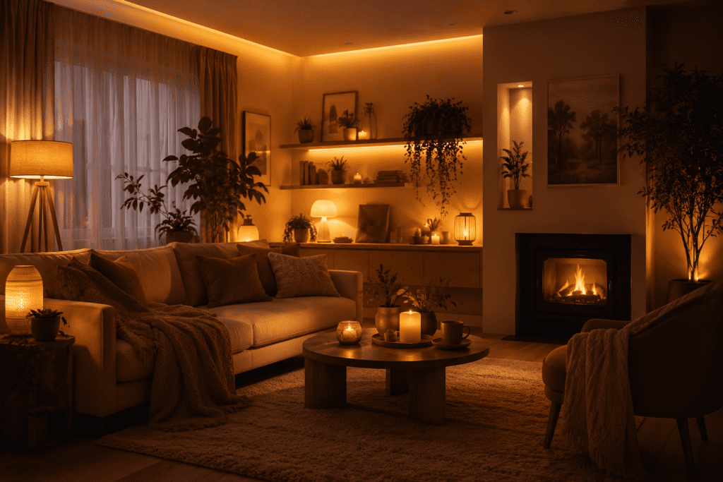 Warm and inviting living room showcasing ambient lighting with LED cove lights, table lamps, candles, indoor plants, and a cozy fireplace creating a relaxing retreat atmosphere.