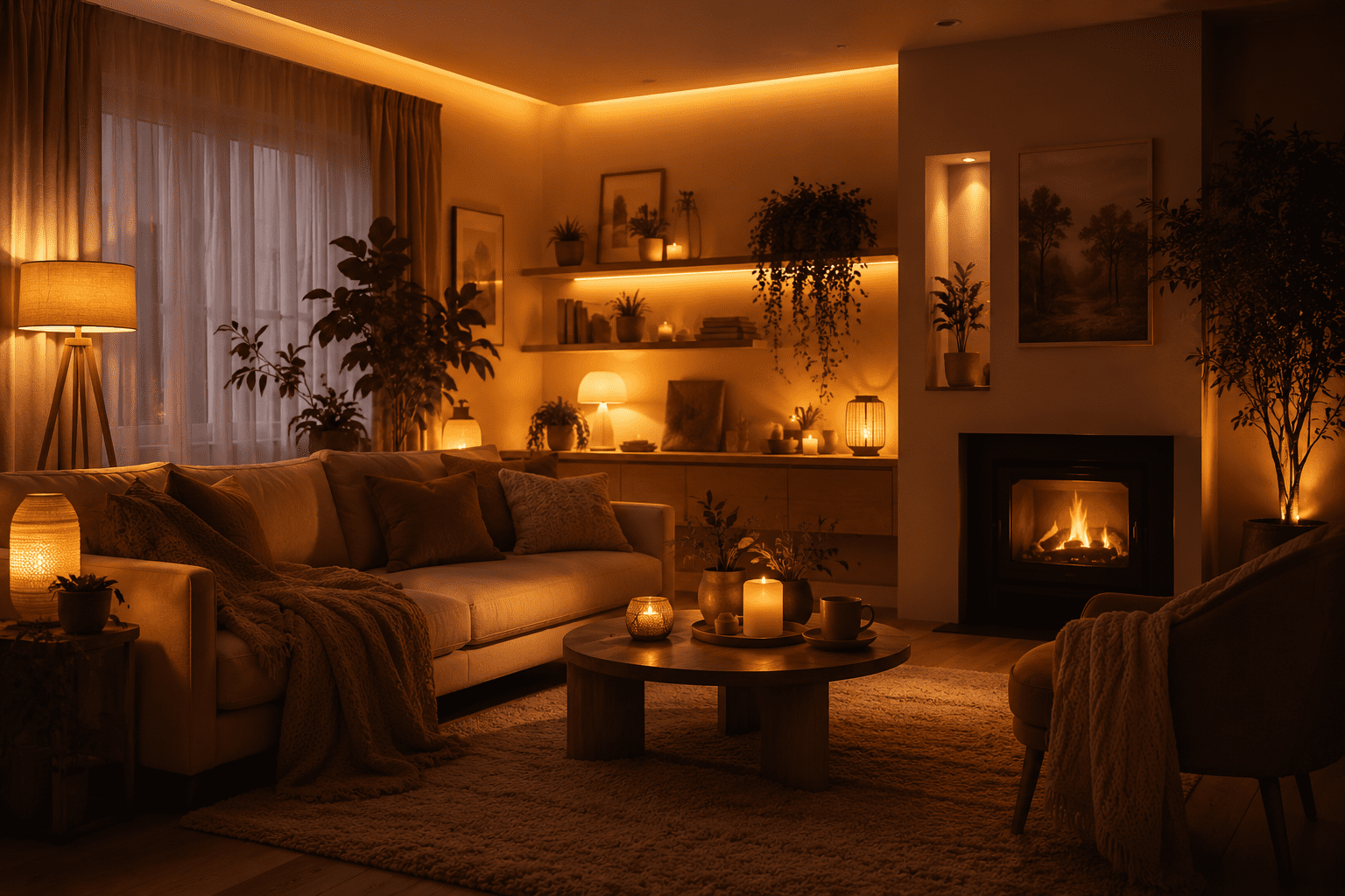 Warm and inviting living room showcasing ambient lighting with LED cove lights, table lamps, candles, indoor plants, and a cozy fireplace creating a relaxing retreat atmosphere.
