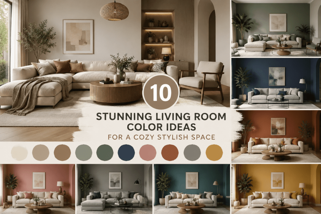 Collage of stylish living room color ideas featuring cozy modern interiors with neutral beige, sage green, navy blue, terracotta, blush pink, gray, and mustard color schemes designed for warm and inviting living spaces.