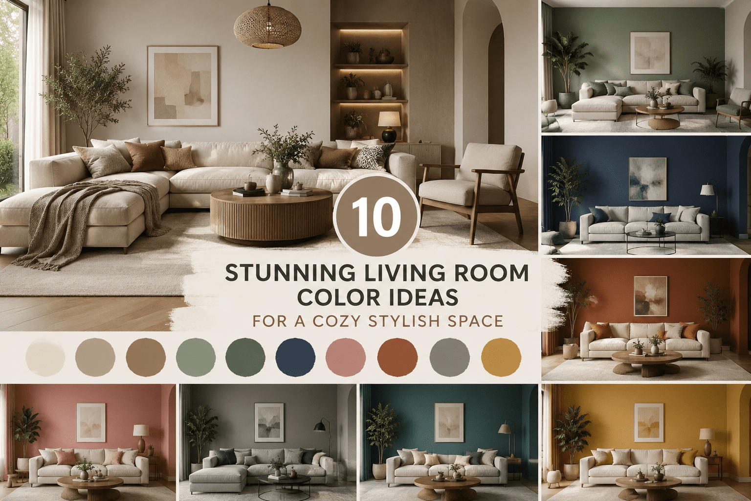 Collage of stylish living room color ideas featuring cozy modern interiors with neutral beige, sage green, navy blue, terracotta, blush pink, gray, and mustard color schemes designed for warm and inviting living spaces.