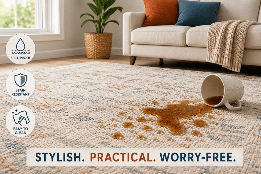 spill proof area rug in a cozy modern living room with a coffee spill beading on the surface, demonstrating stain resistance and easy maintenance while complementing stylish home decor with a comfortable and worry-free atmosphere.