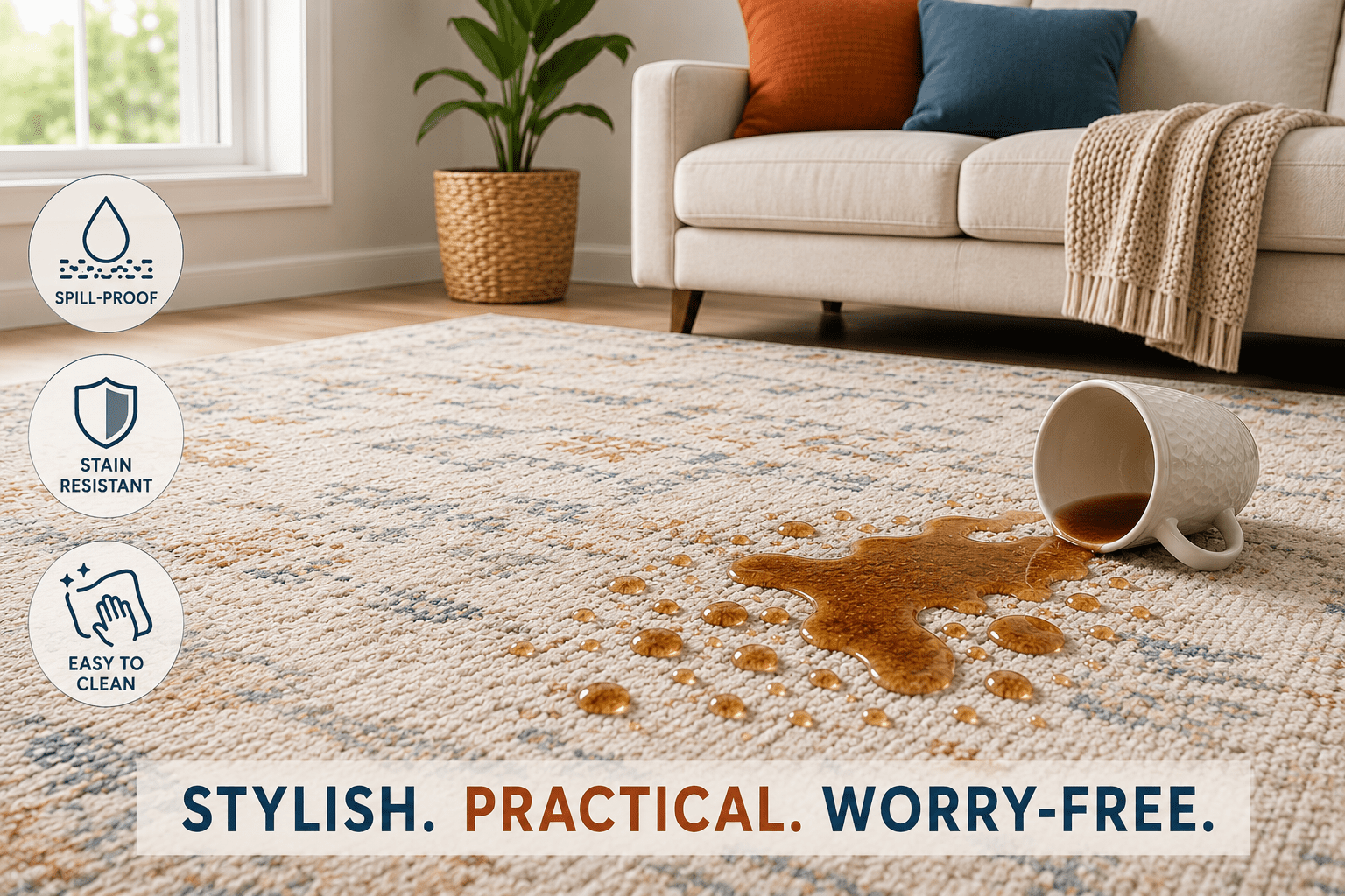 spill proof area rug in a cozy modern living room with a coffee spill beading on the surface, demonstrating stain resistance and easy maintenance while complementing stylish home decor with a comfortable and worry-free atmosphere.