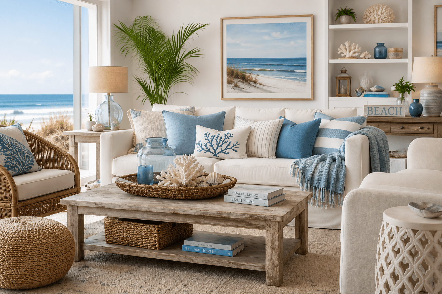 Cozy coastal living room showcasing elegant coastal home decor ideas with soft blue accents, natural wood furniture, woven textures, beach-inspired accessories, and large ocean-view windows creating a bright and relaxing seaside atmosphere.