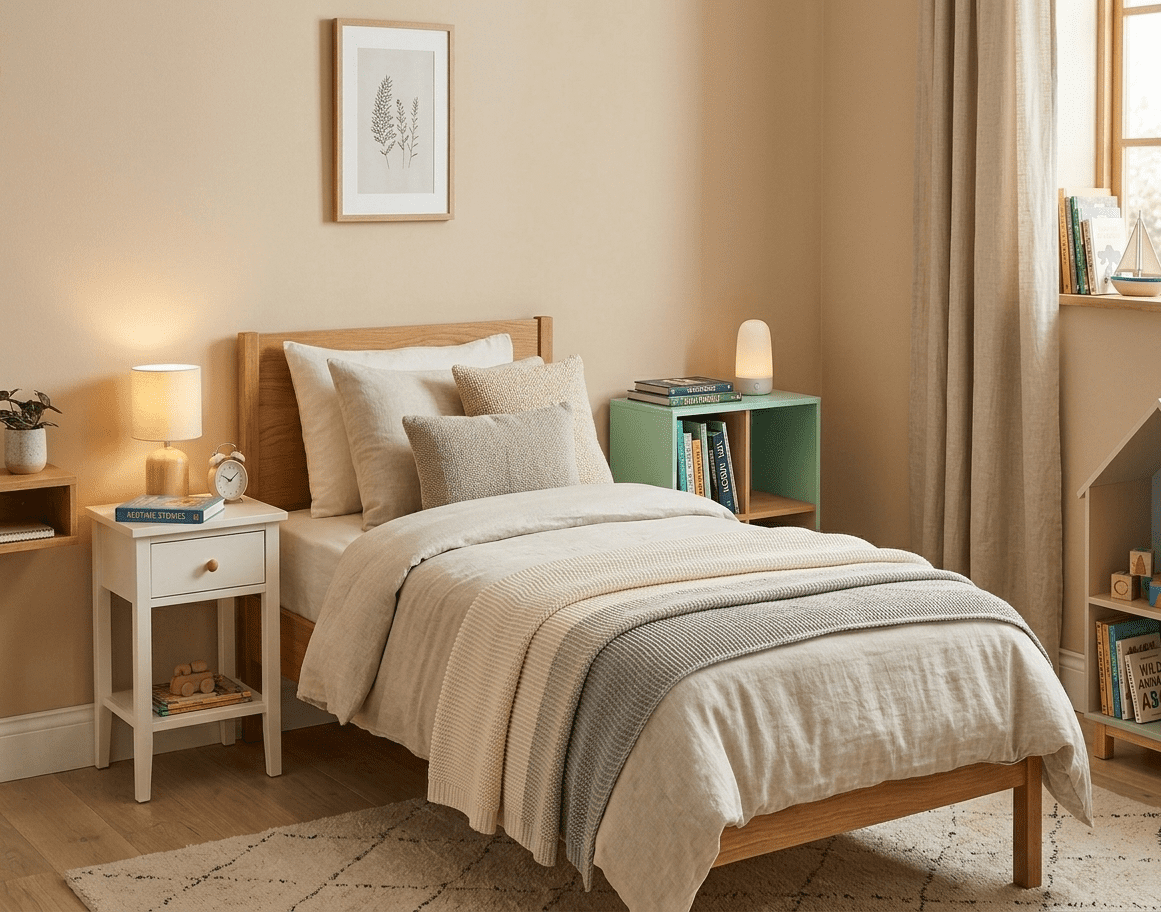 Cozy kids bedroom featuring a stylish kids nightstand beside the bed, with a modern lamp, storage shelf, books, and decorative plants creating a warm and organized sleeping space.