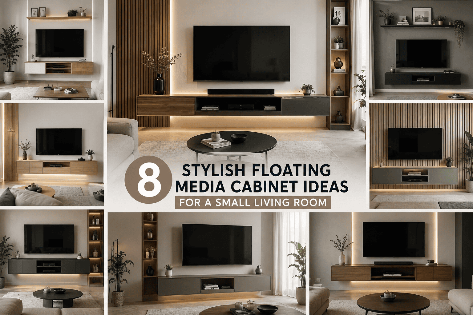 Modern small living room featuring a wall-mounted TV and a stylish living room floating media cabinet with a sleek minimalist design that maximizes floor space.