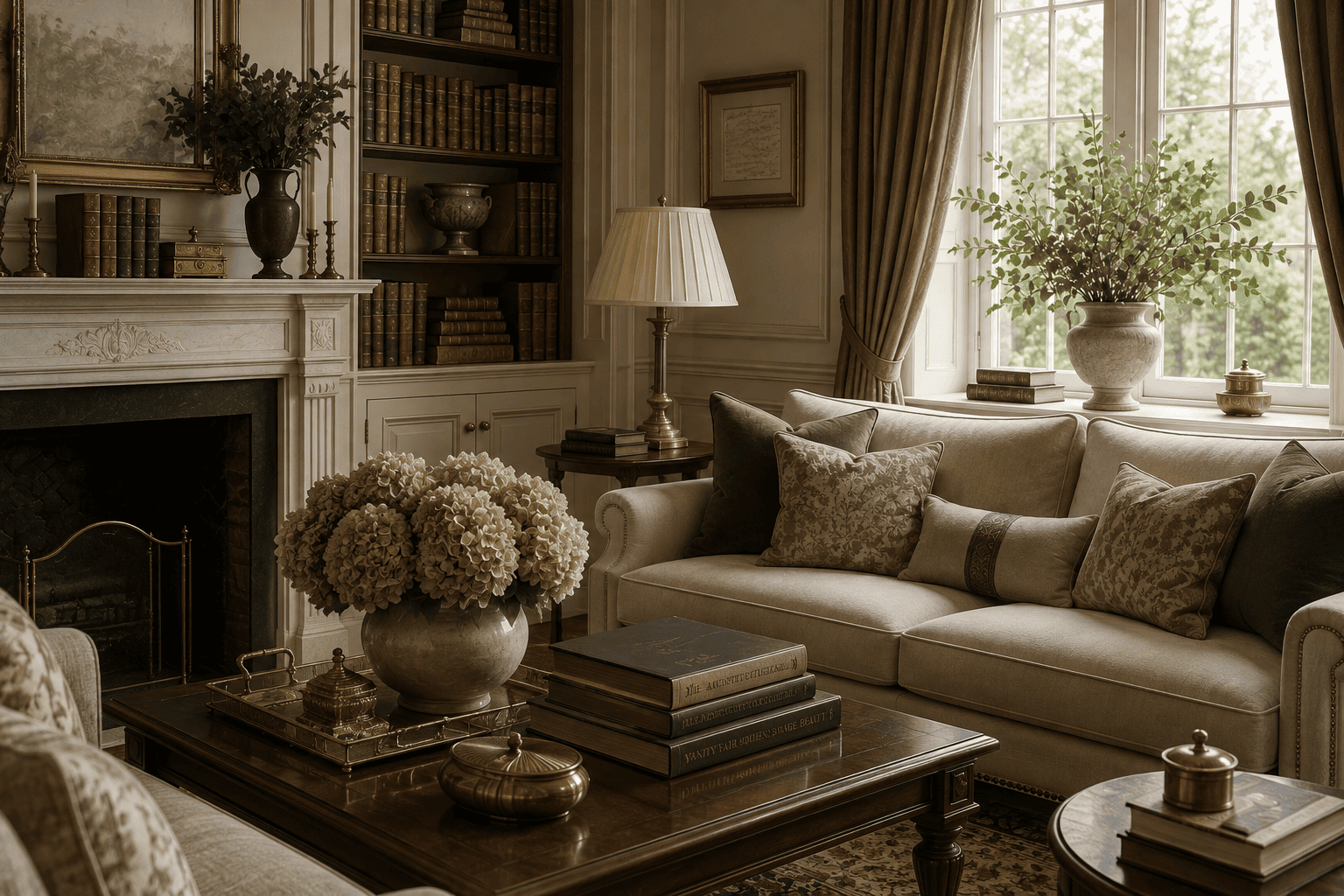 Elegant old money decor living room featuring a marble fireplace, built-in bookshelves, classic neutral furniture, brass accents, and timeless luxury interior design.