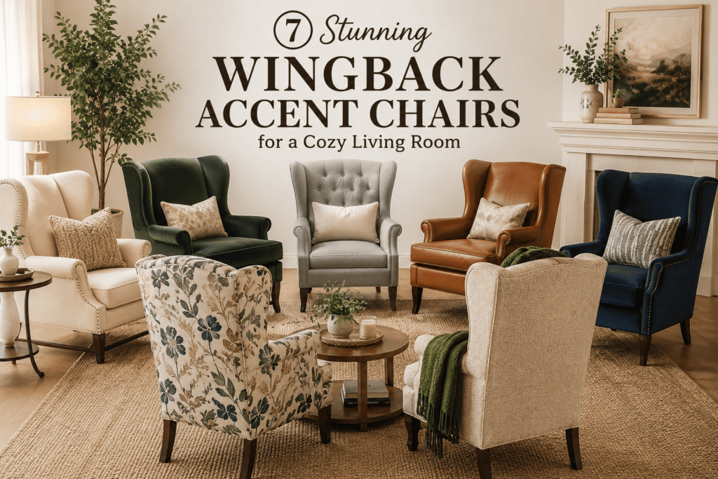 A cozy living room featuring a collection of stylish accent chair wingback designs in velvet, leather, and fabric upholstery, showcasing elegant seating ideas for a warm and inviting interior.