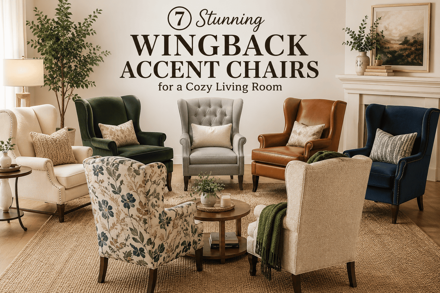 A cozy living room featuring a collection of stylish accent chair wingback designs in velvet, leather, and fabric upholstery, showcasing elegant seating ideas for a warm and inviting interior.
