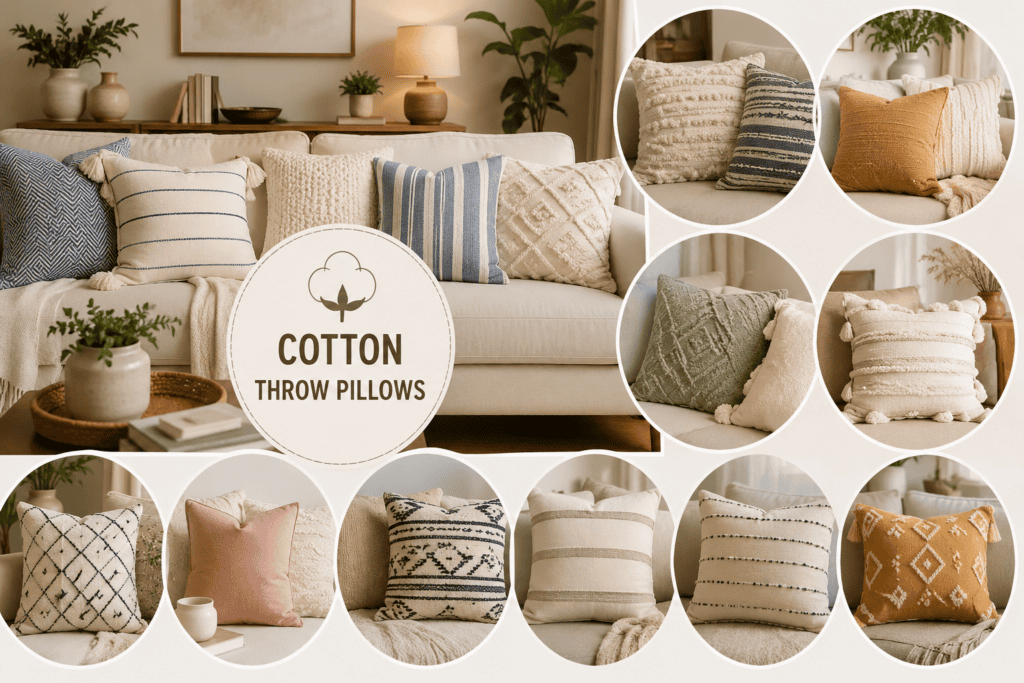Cozy living room featuring 12 stylish cotton throw pillow ideas in different colors, patterns, and textures arranged on a comfortable sofa for modern home decor inspiration.