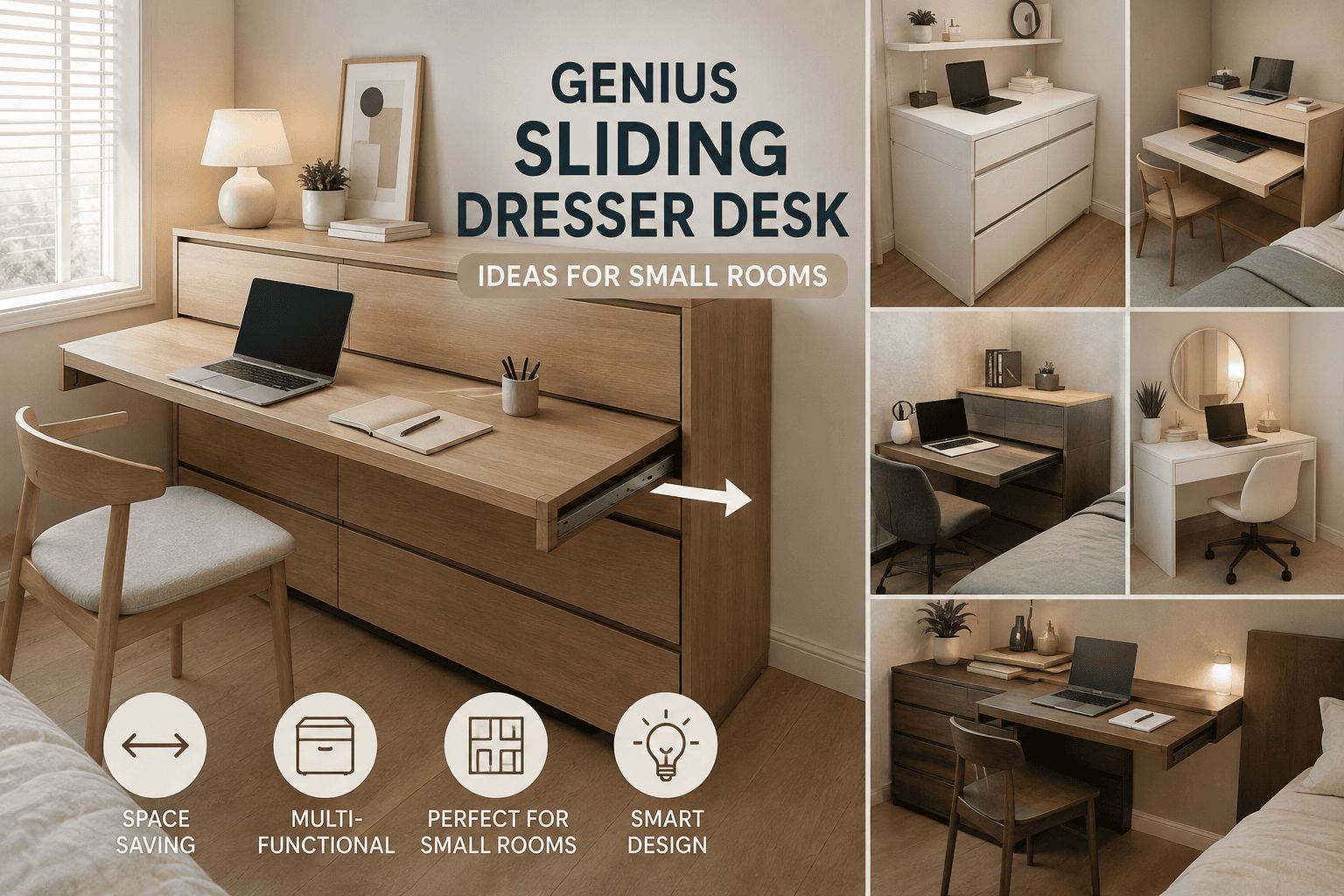 Sliding dresser desk with a pull-out workspace in a small bedroom