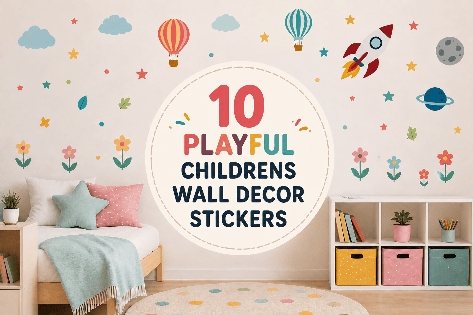 A bright playful kids bedroom featuring childrens wall decor stickers with rockets, balloons, stars, and pastel elements styled in a cozy modern space