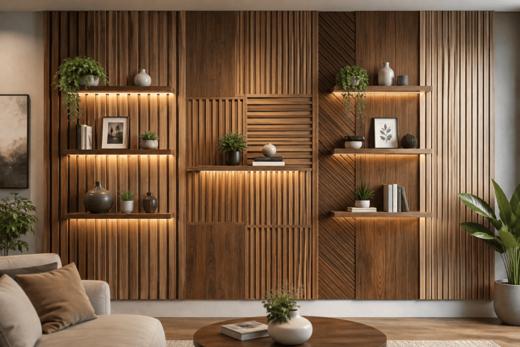 Modern living room featuring decorative wood panels for walls with shelves, warm lighting, plants, books, and stylish decor.